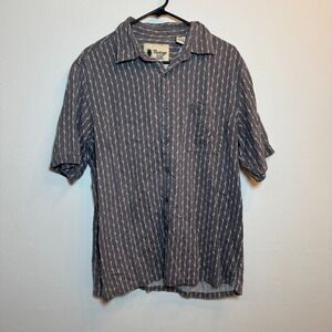 Vintage Silk‎ Mens L Button Down Shirt Gray Striped 100% Silk Short Sleeve